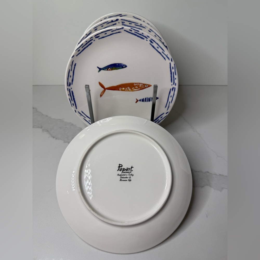 4 Papart Seramik 8” SALAD PLATES Fish Coastal Nautical Hand Painted Turkey New - Picture 6 of 11
